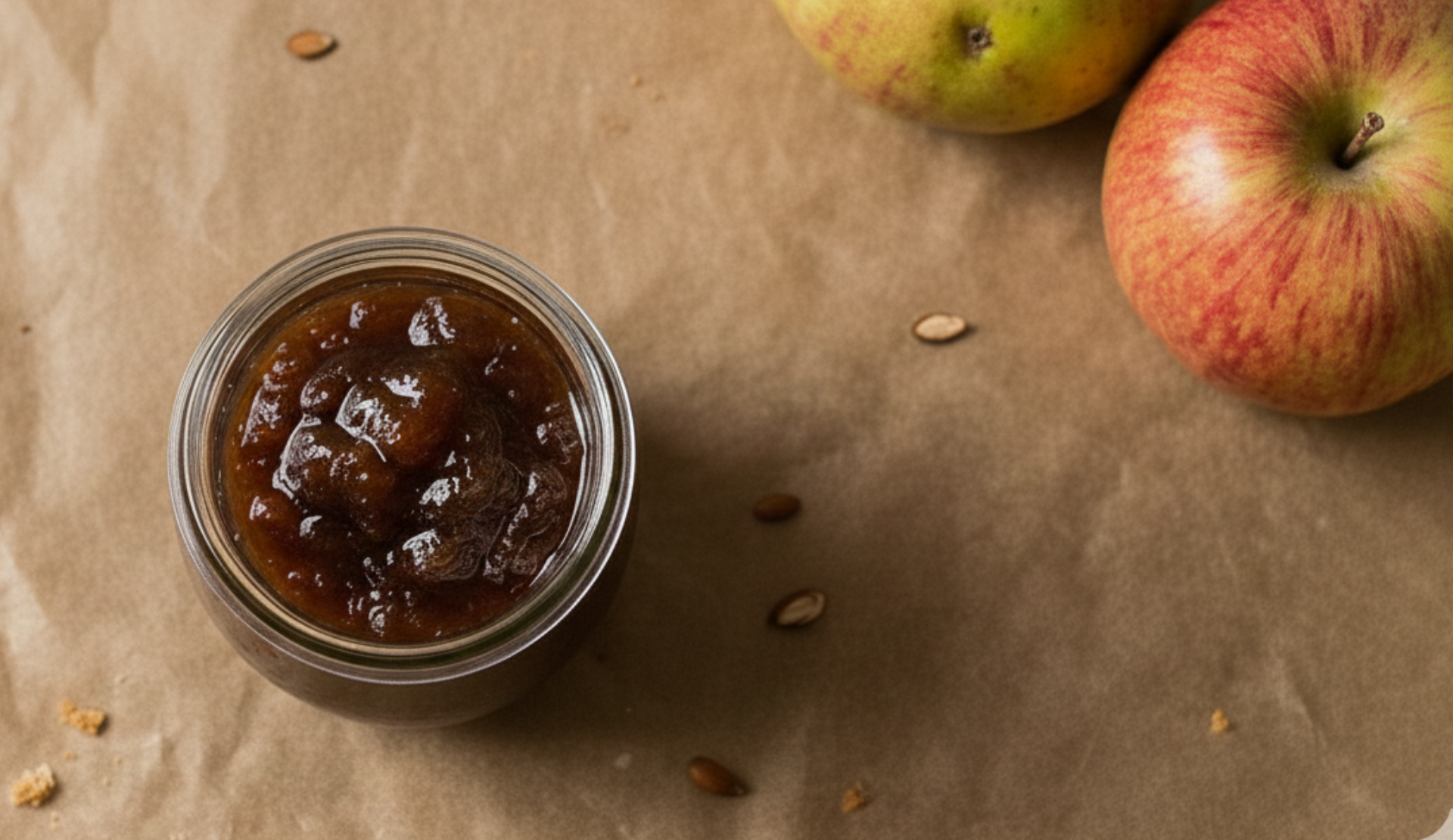 Apfel Chutney im Glas aus der Draufsicht auf Backpapier mit Äpfeln am Rand
