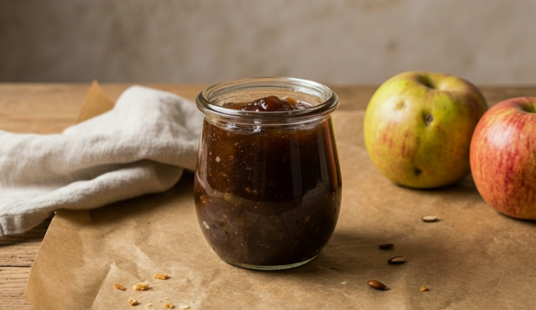 Hausgemachtes Apfel Chutney in einem Glas auf einem Holztisch mit frischen Äpfeln im Hintergrund