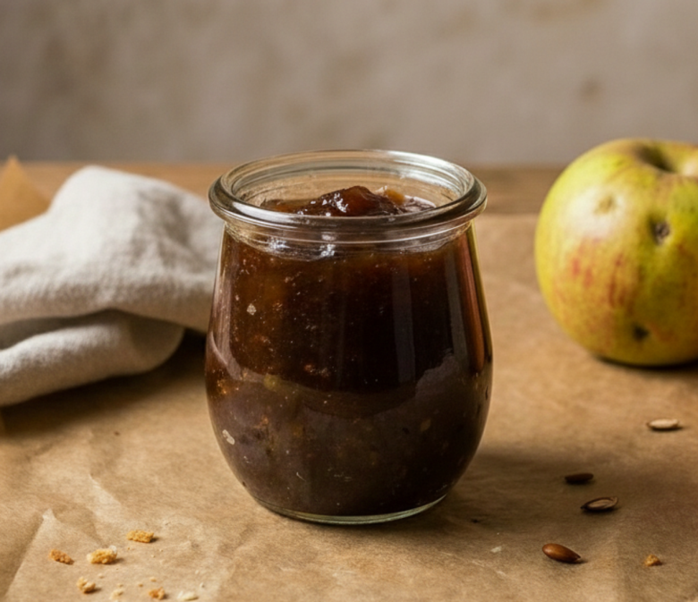 Hausgemachtes Apfel Chutney in einem Glas auf einem Holztisch mit frischen Äpfeln im Hintergrund
