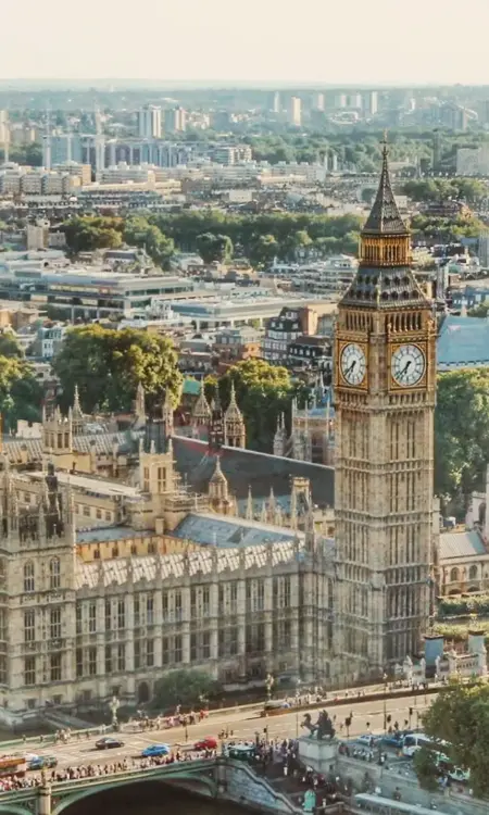 Blick vom London Eye auf Big Ben und die Houses of Parliament an der Themse