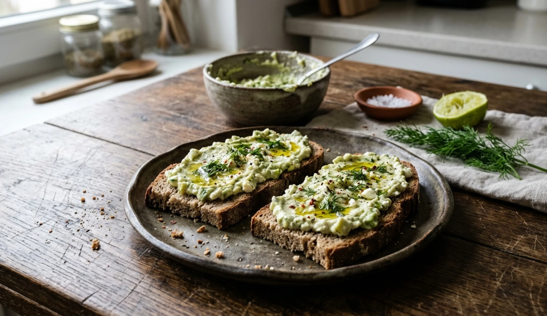 vocado Feta Dip mit Dill auf dunklem Brot, im Hintergrund die Schüssel mit dem Dip
