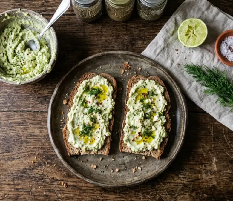 Avocado Feta Dip mit Dill auf dunklem Brot, serviert in rustikaler Schale