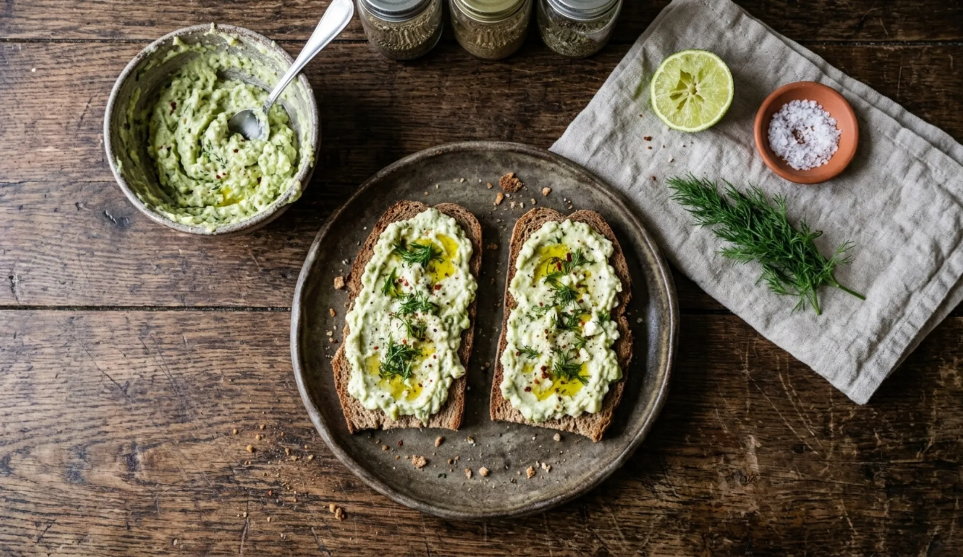 Avocado Feta Dip mit Dill auf dunklem Brot, serviert in rustikaler Schale