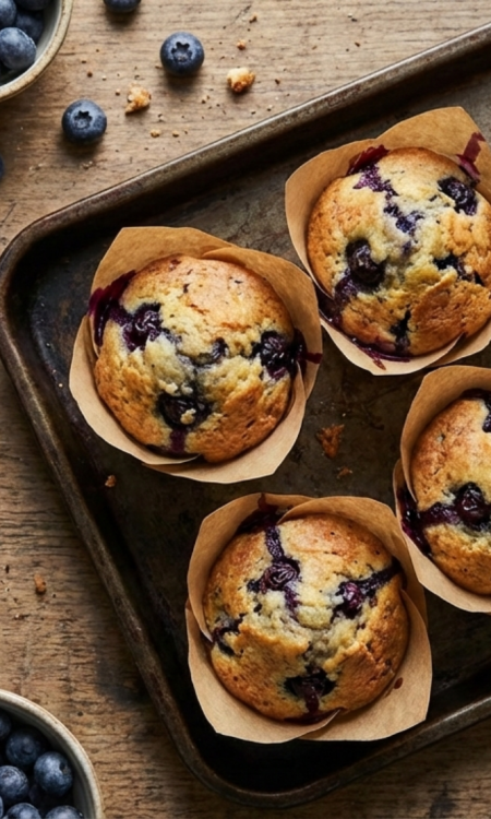 Frisch gebackene Blaubeer-Muffins in Papierförmchen auf einem Backblech auf rustikalem Holztisch