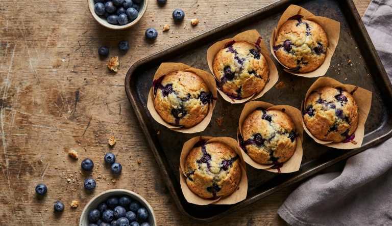 Frisch gebackene Blaubeer-Muffins in Papierförmchen auf einem Backblech auf rustikalem Holztisch