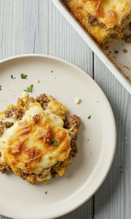 Stück Blumenkohl Hackfleisch Auflauf mit goldbrauner Käsekruste auf einem Teller serviert