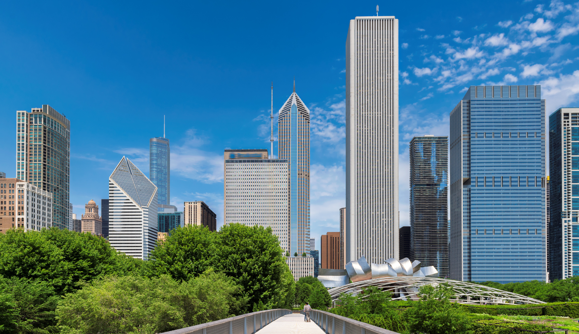 Blick von der Nichols Bridgeway im Millennium Park auf die Skyline von Chicago mit historischen und modernen Wolkenkratzern