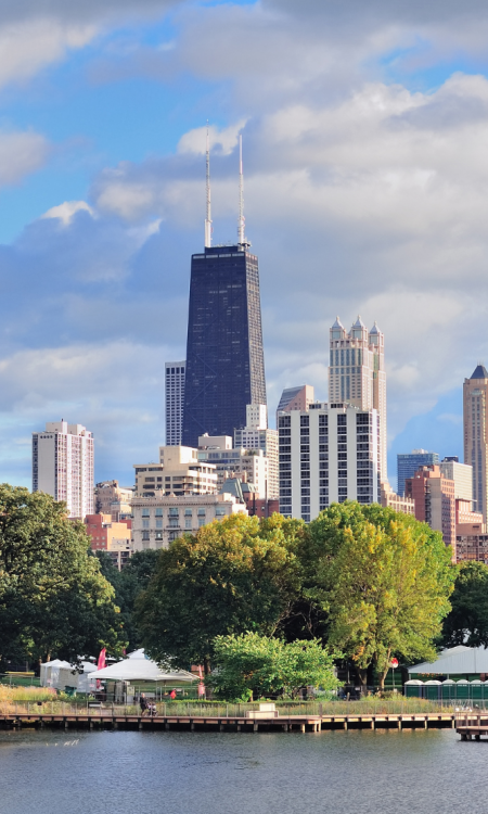 Blick auf die Skyline von Chicago mit Wolkenkratzern und grüner Parklandschaft im Vordergrund