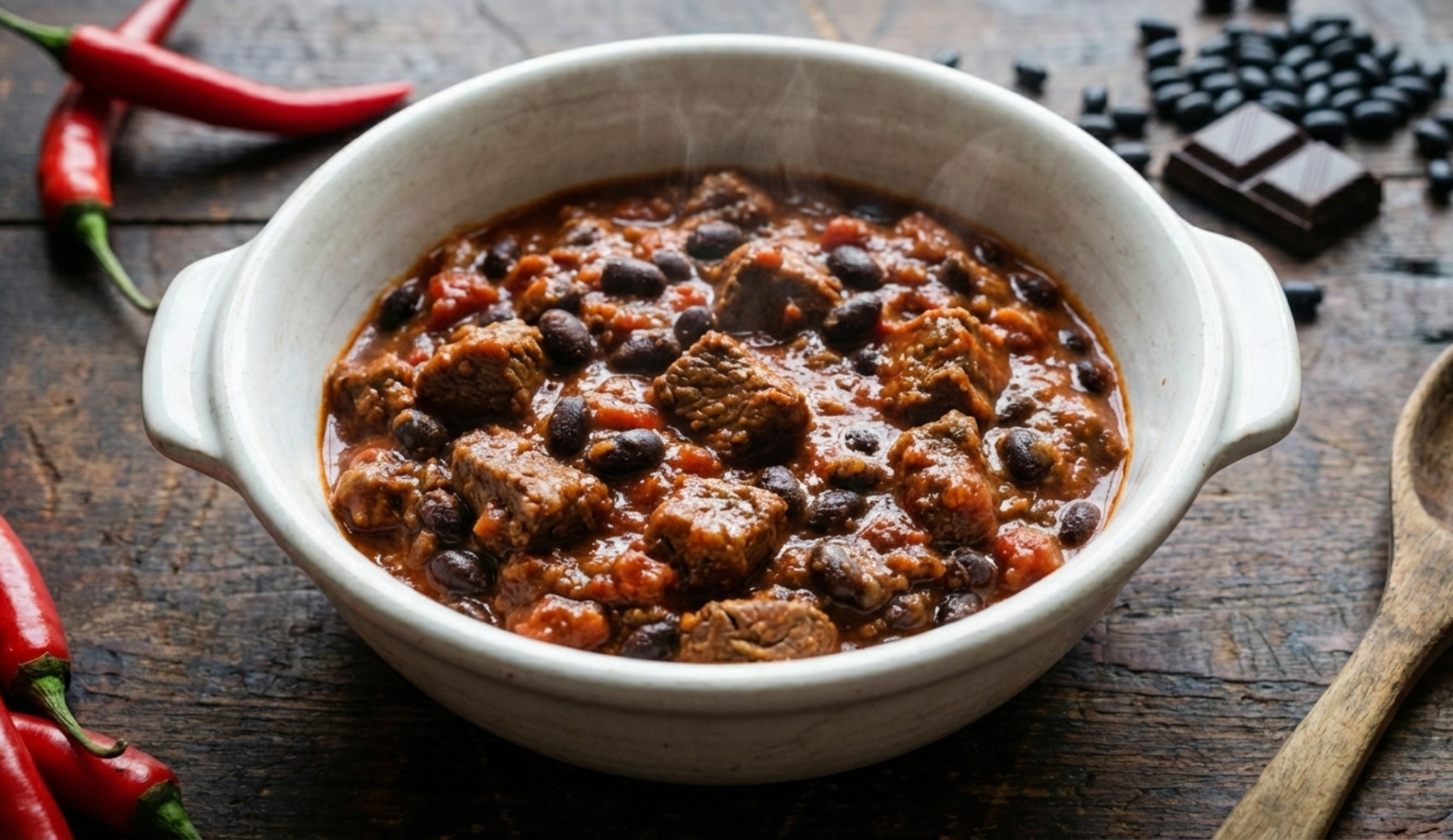 Nahaufnahme von Chili con Carne in weißer Keramikschüssel mit saftigen Fleischstücken und Kidneybohnen in würziger Tomatensauce