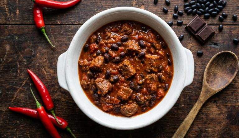 Chili con Carne mit Rindfleisch und Kidneybohnen in weißer Schüssel serviert mit frischen Chilischoten und dunkler Schokolade