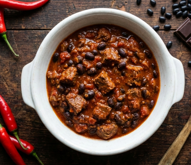 Chili con Carne mit Rindfleisch und Kidneybohnen in weißer Schüssel serviert mit frischen Chilischoten und dunkler Schokolade