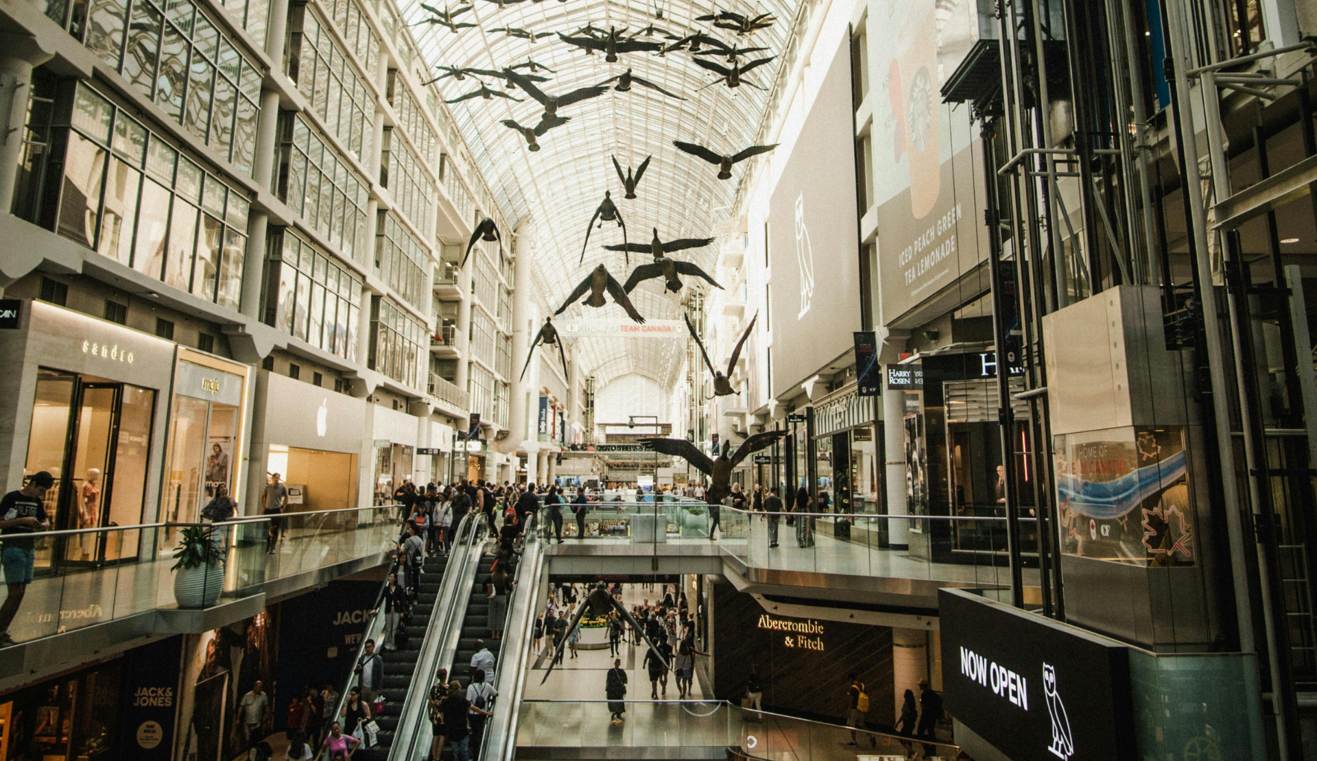 Innenansicht des Eaton Centre in Toronto mit Glasdach und Einkaufspassagen