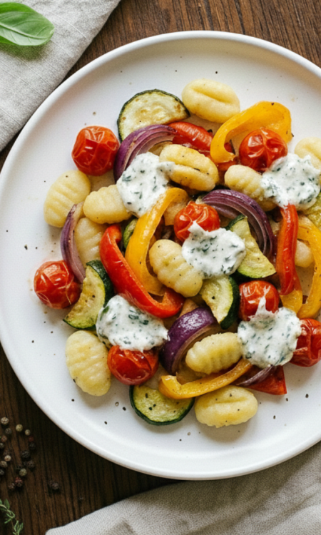 Gnocchi mit buntem Ofengemüse, Kirschtomaten, Paprika, Zucchini, roten Zwiebeln und Kräuterquark auf weißem Teller