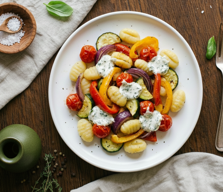 Gnocchi mit buntem Ofengemüse, Kirschtomaten, Paprika, Zucchini, roten Zwiebeln und Kräuterquark auf weißem Teller