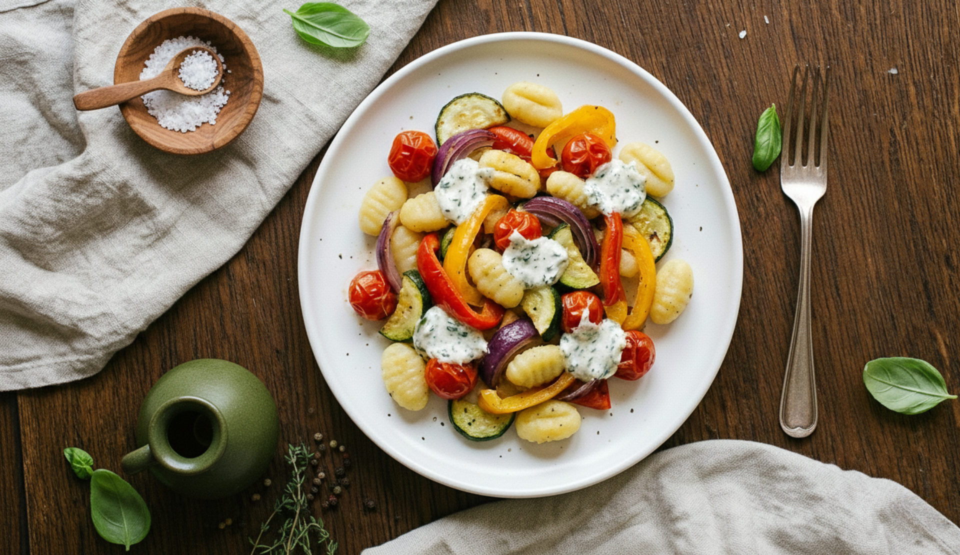 Gnocchi mit buntem Ofengemüse, Kirschtomaten, Paprika, Zucchini, roten Zwiebeln und Kräuterquark auf weißem Teller