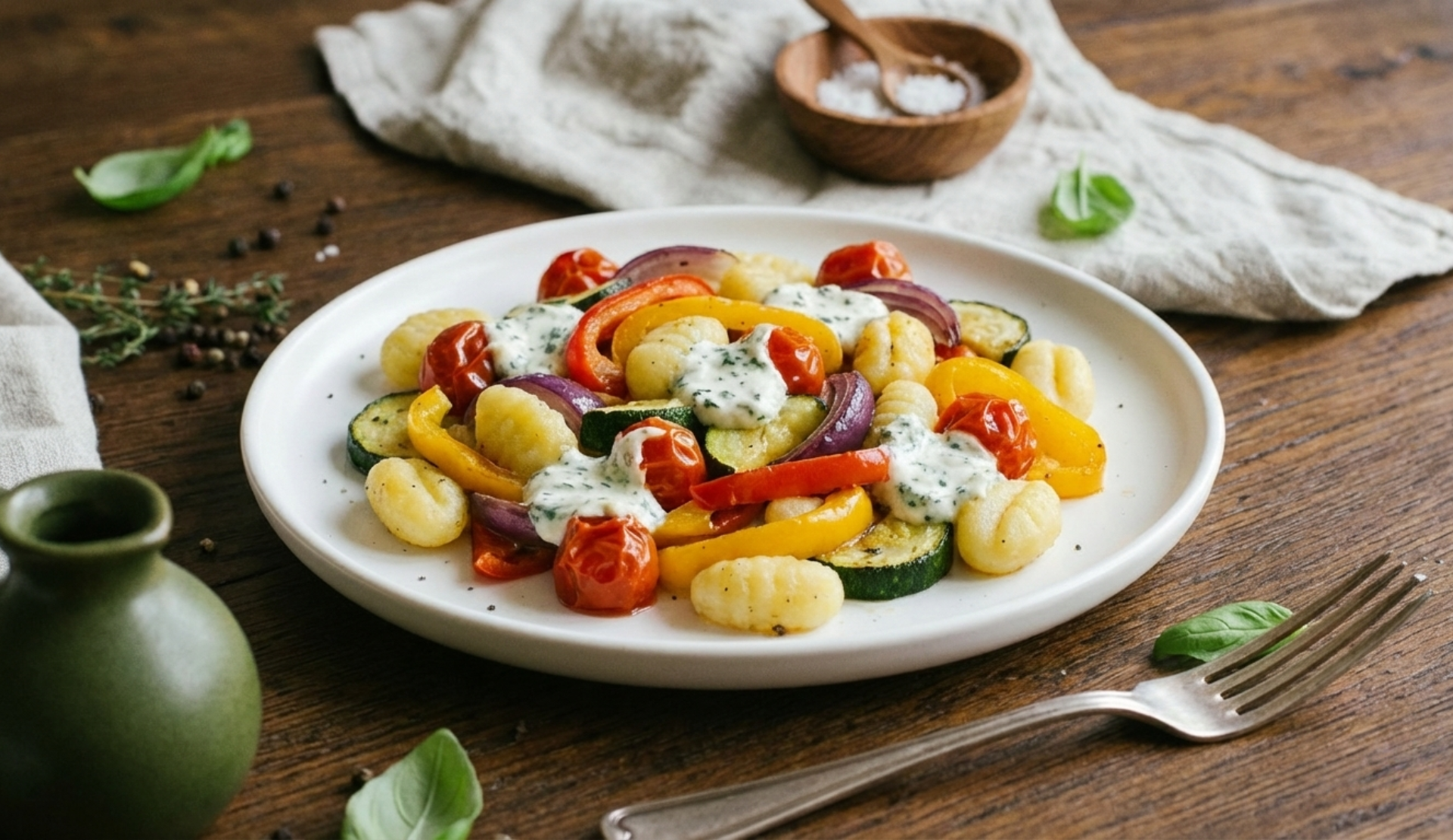 Gnocchi-Bowl mit buntem Ofengemüse - Paprika, Zucchini, Kirschtomaten, roten Zwiebeln und cremigem Kräuterquark auf rustikalem Holztisch