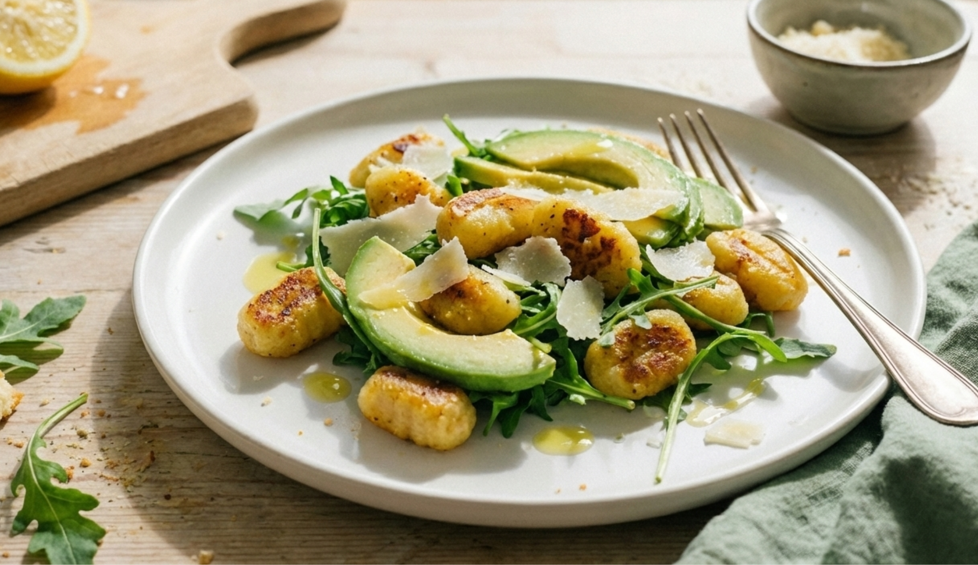 Gnocchi Rucola Salat mit Avocado, gebratenen Gnocchi und Parmesanspänen auf einem weißen Teller