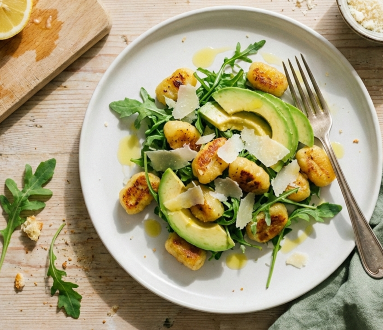 Gnocchi Rucola Salat mit Avocado, gebratenen Gnocchi und Parmesanspänen auf einem hellen Teller