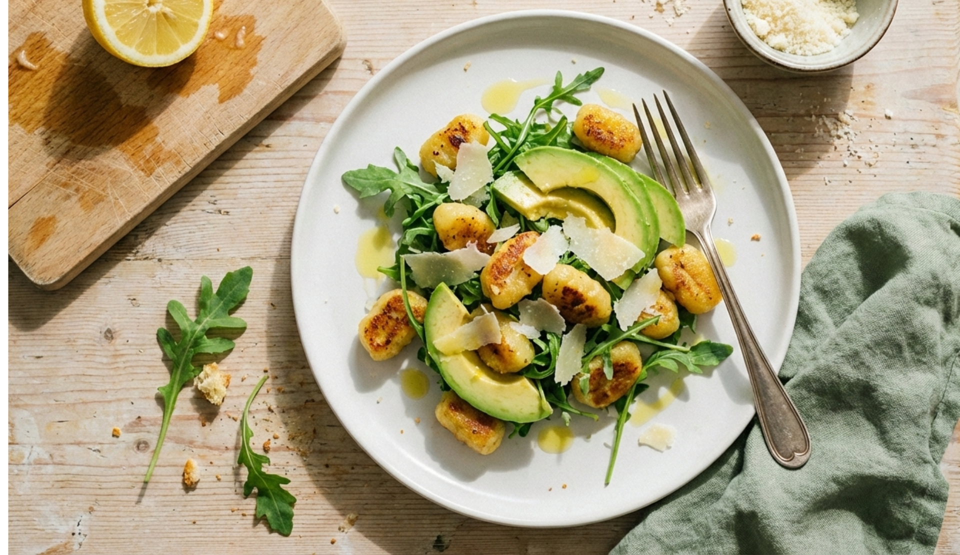 Gnocchi Rucola Salat mit Avocado, gebratenen Gnocchi und Parmesanspänen auf einem hellen Teller