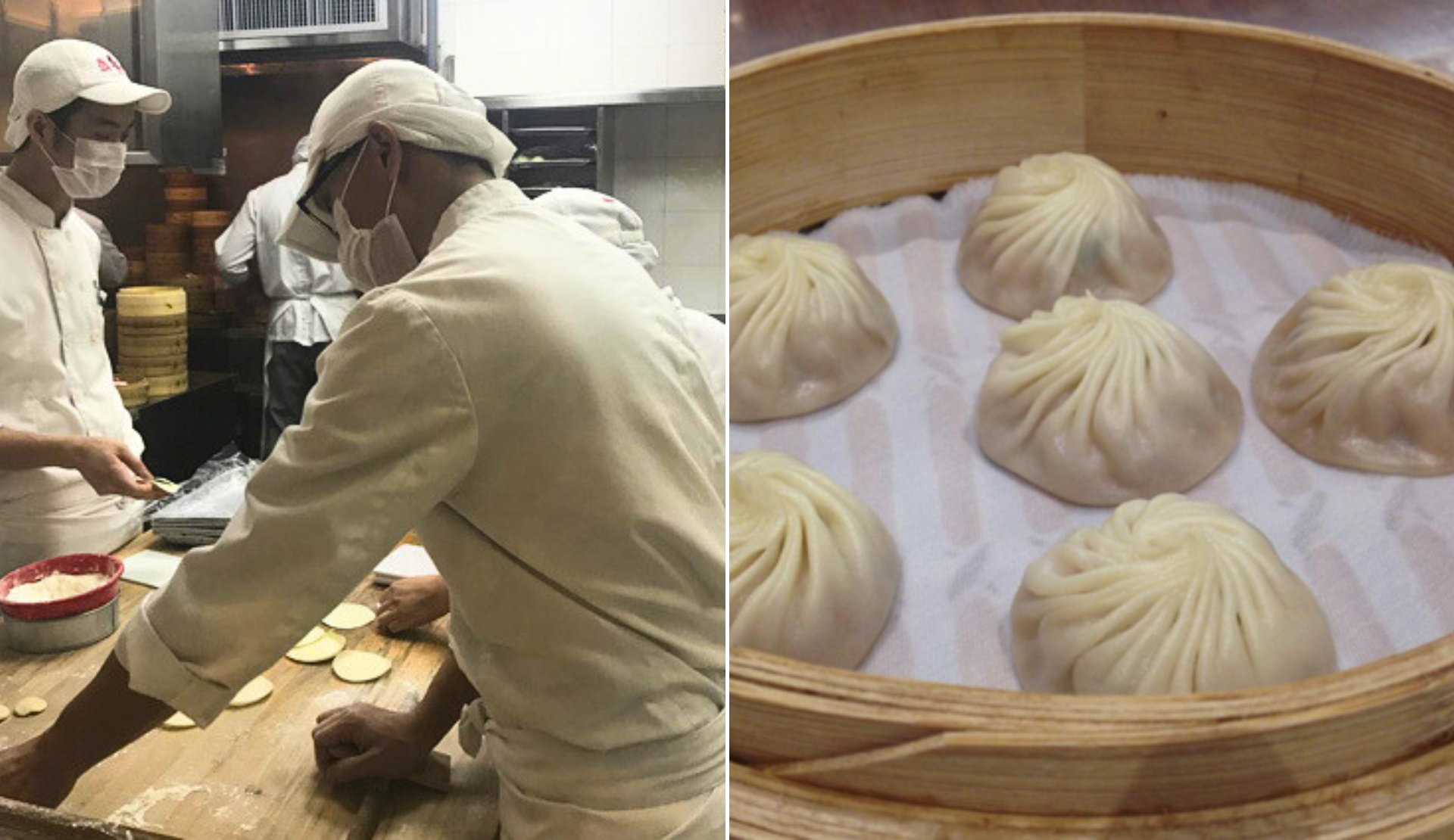 Handgefertigte Xiaolongbao (Soup Dumplings) werden in Hongkonger Küche zubereitet und in traditionellem Bambusdämpfer serviert