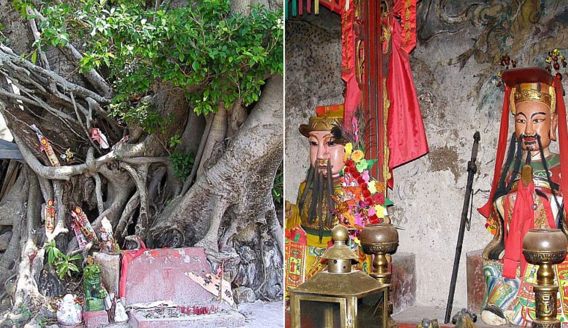 Traditioneller Straßenschrein unter einem Banyan-Baum in Hongkong mit chinesischer Gottheit-Statue in rotem Gewand