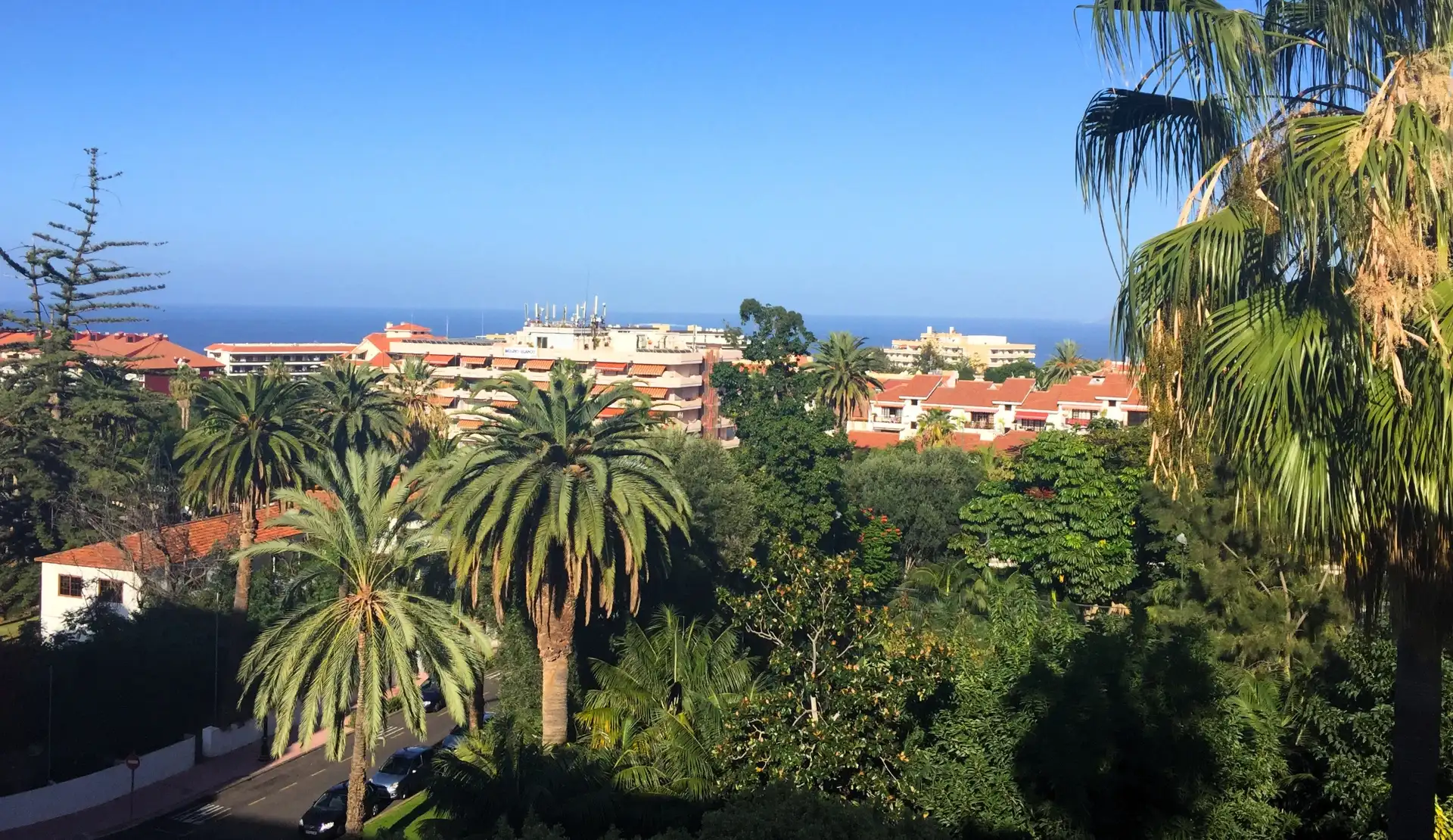 Blick vom Balkon des Hotel Botánico auf die tropischen Gärten und das Meer in Puerto de la Cruz