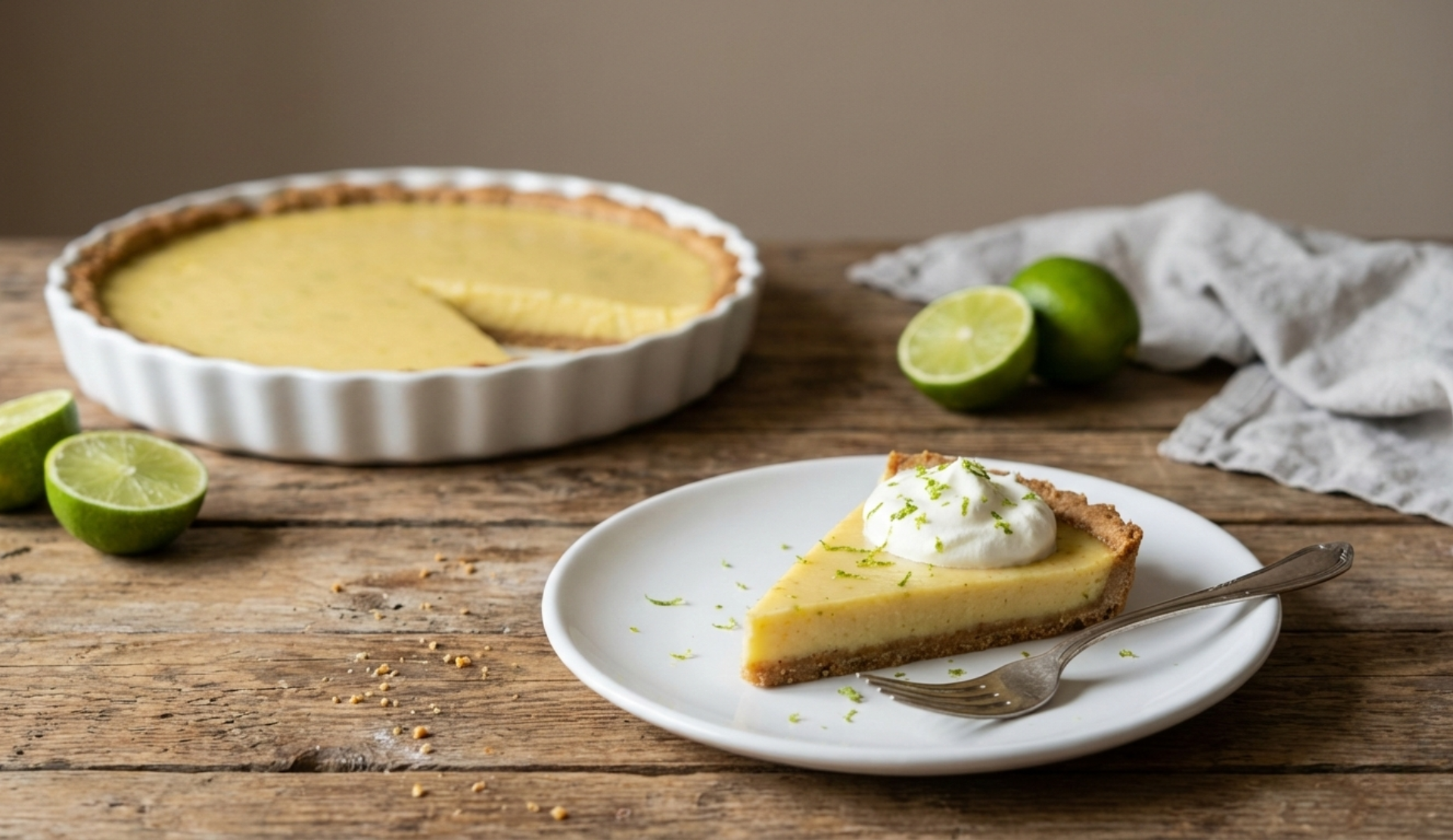 Stück Limetten Pie mit Sahne auf weißem Teller, im Hintergrund eine angeschnittene Tarte und frische Limetten