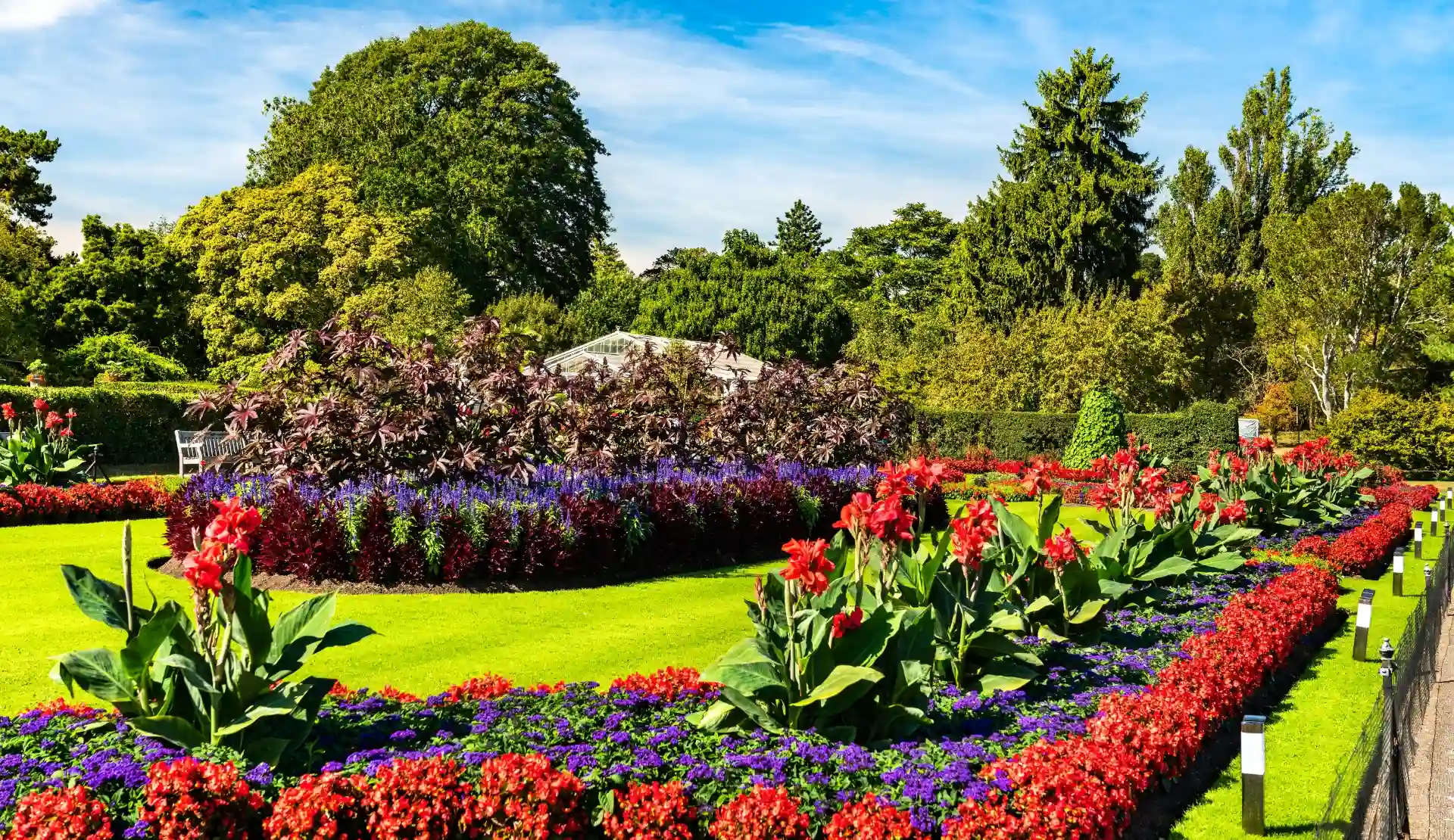 Bunte Blumenrabatten in Kew Gardens mit Bäumen im Hintergrund
