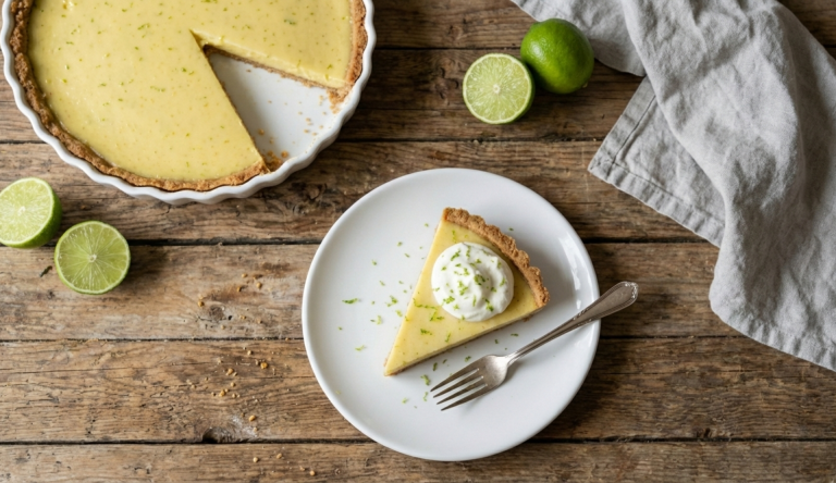 Stück Limetten Pie mit Sahne auf weißem Teller, serviert auf rustikalem Holztisch mit frischen Limetten