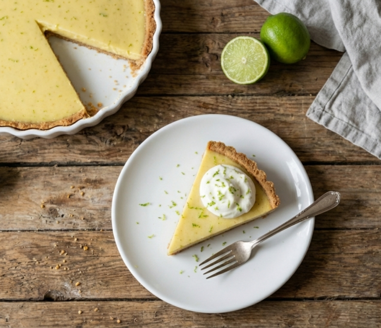 Stück Limetten Pie mit Sahne auf weißem Teller, serviert auf rustikalem Holztisch mit frischen Limetten