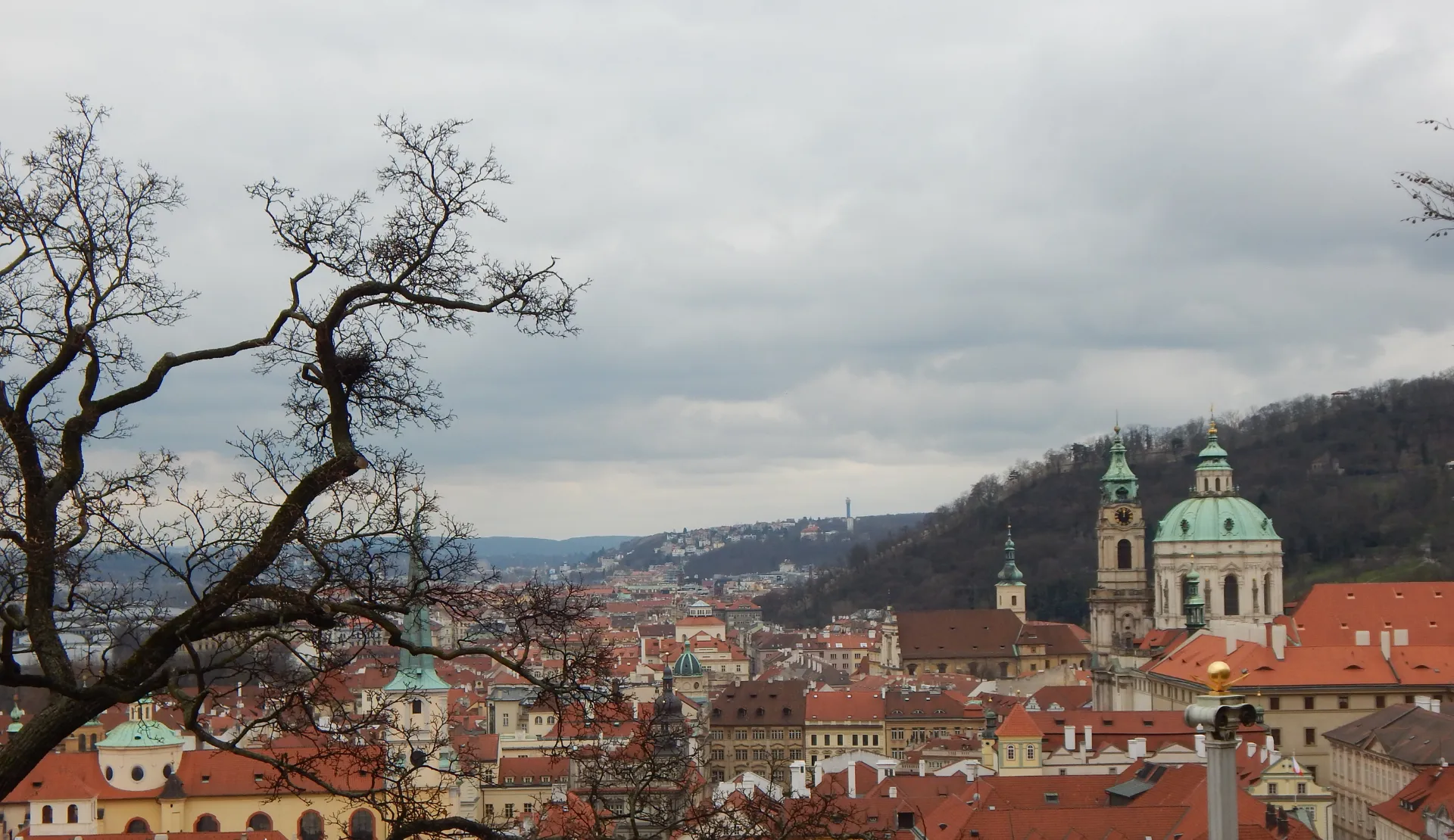 Panoramablick von der Terrasse des Lobkowicz Palace Cafés auf die Prager Altstadt mit Nikolauskirche