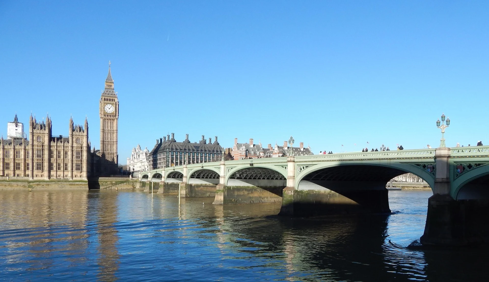 Die Westminster Bridge mit grünen Bögen über der Themse, links die Houses of Parliament mit Big Ben vor blauem Himmel