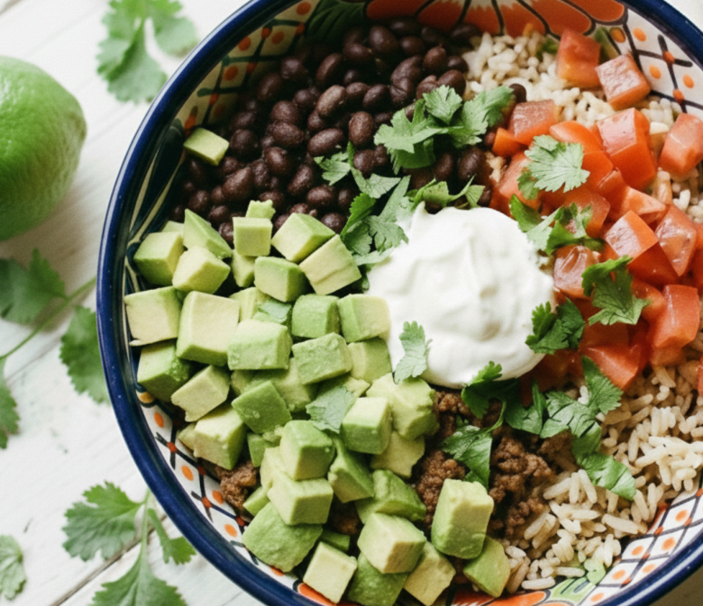 Mexikanische Bowl mit Hackfleisch, Avocado, Reis, schwarzen Bohnen, Tomaten und einem Klecks Schmand