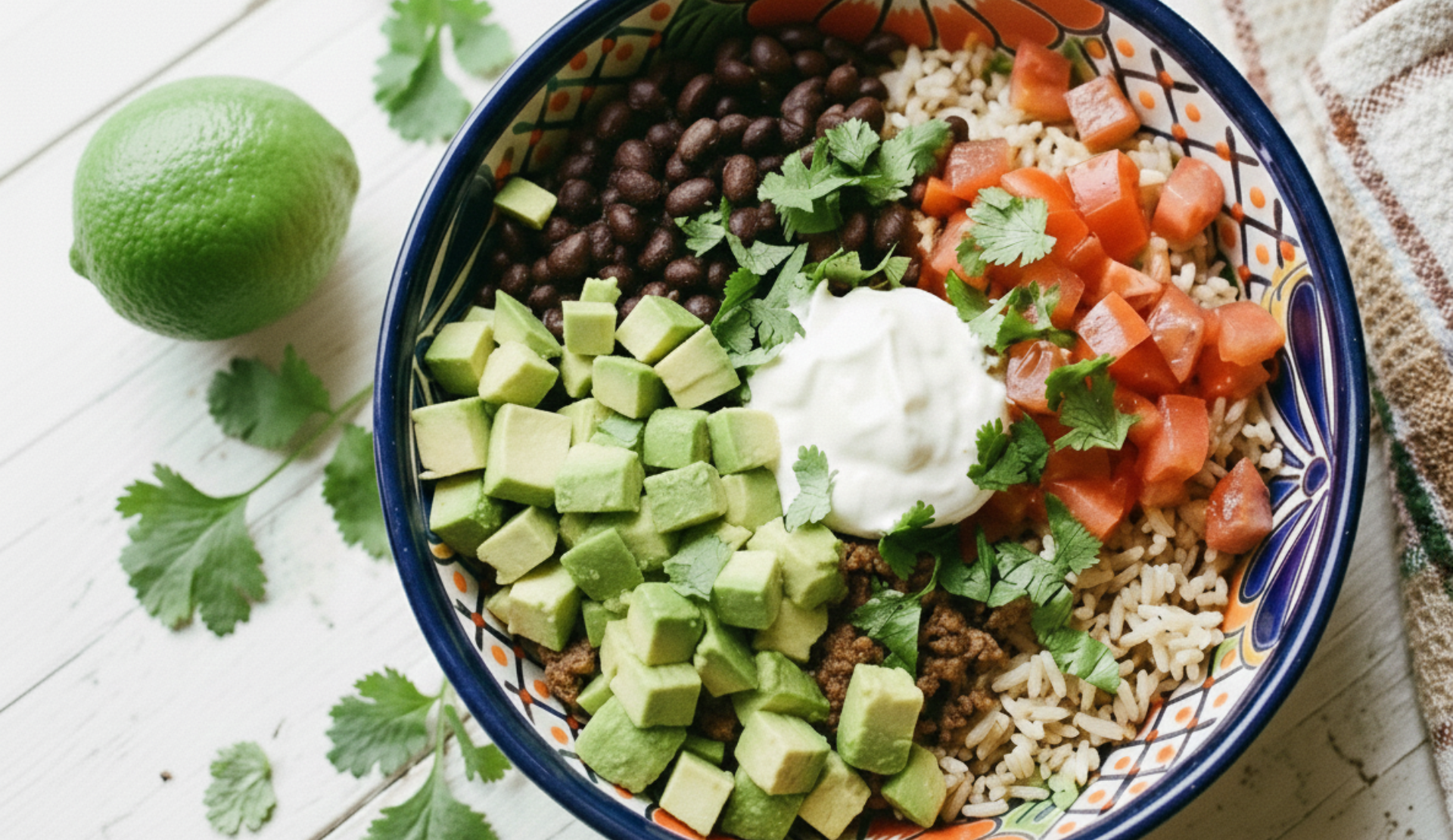 Mexikanische Bowl mit Hackfleisch, Avocado, Reis, schwarzen Bohnen, Tomaten und einem Klecks Schmand