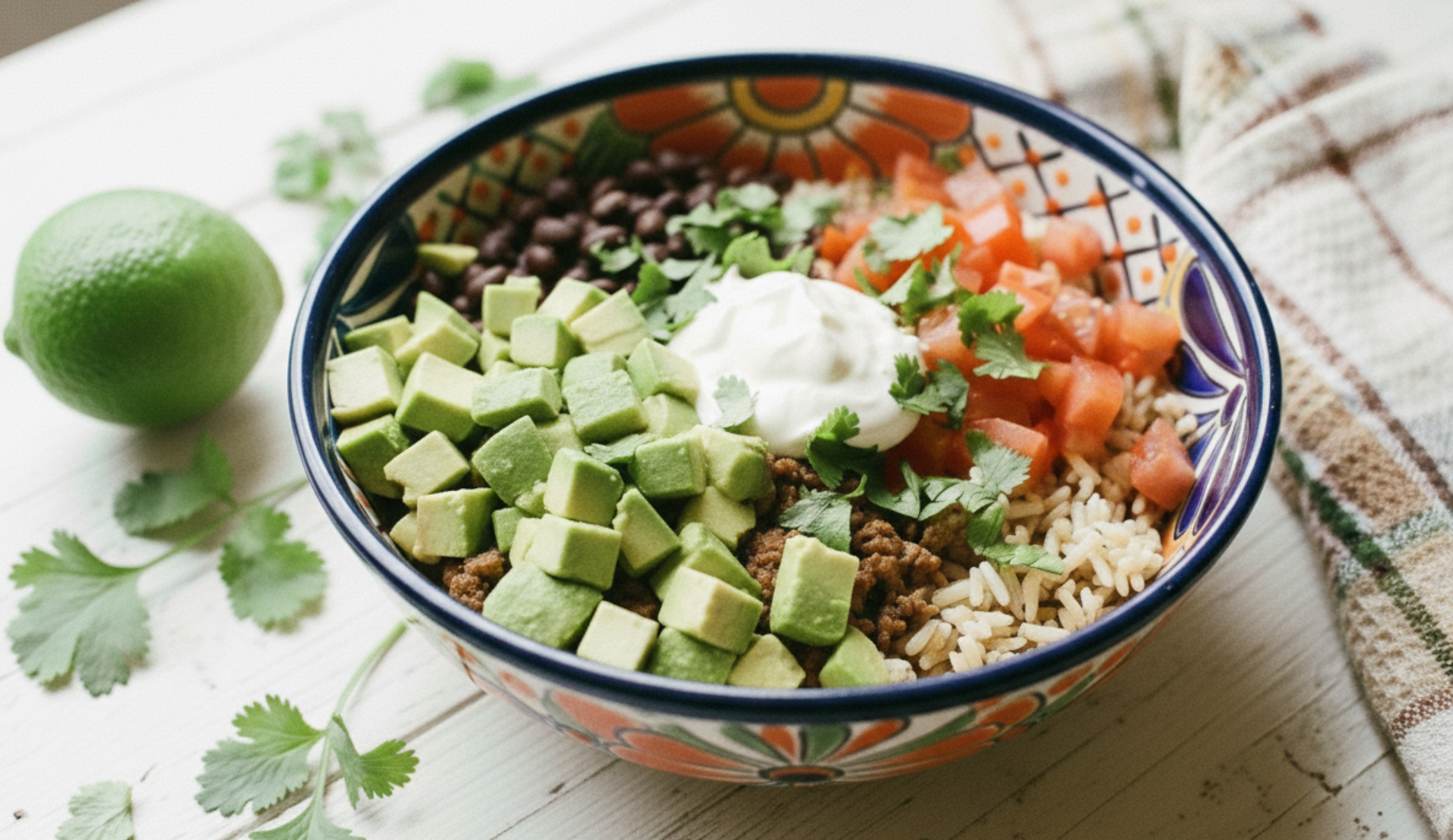 Mexikanische Bowl mit Hackfleisch, Avocado, Reis, schwarzen Bohnen, Tomaten, Koriander und Sauerrahm