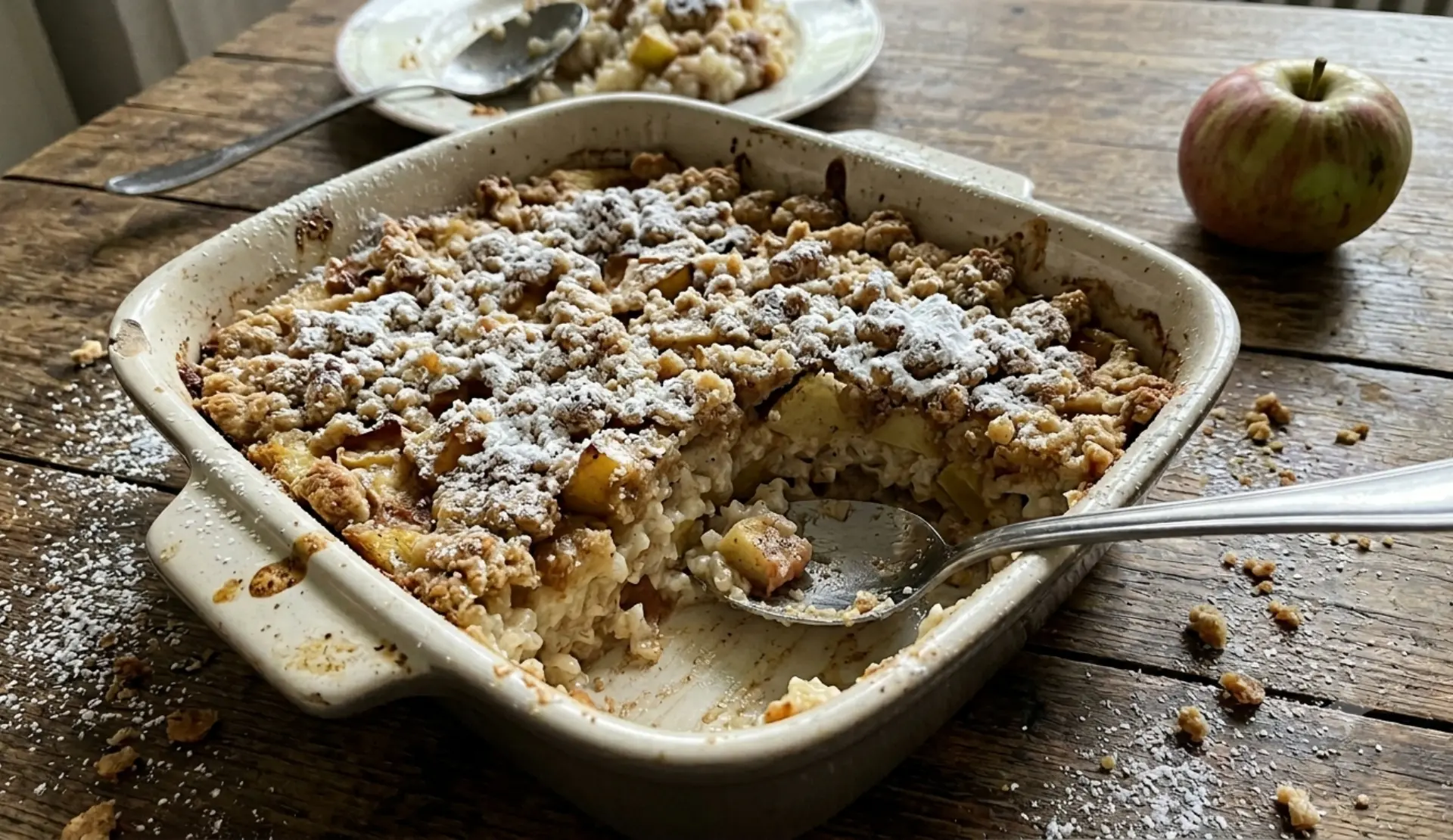Milchreisauflauf mit Äpfeln und Streuseln, Nahaufnahme mit sichtbarem Querschnitt
