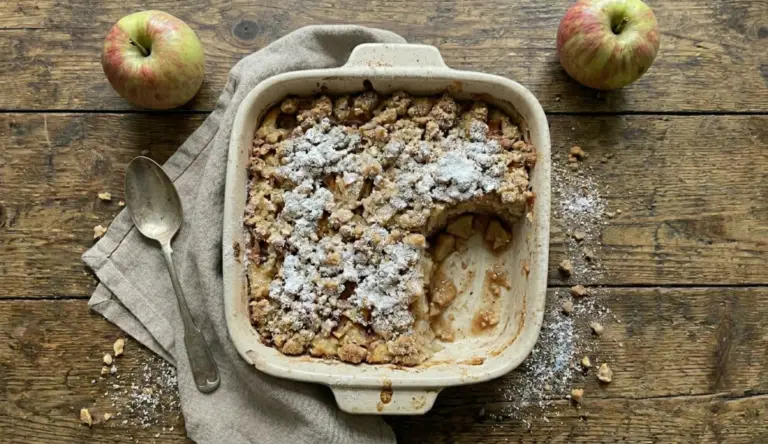Milchreisauflauf mit Äpfeln und Streuseln in einer Auflaufform, mit einem Stück bereits entnommen