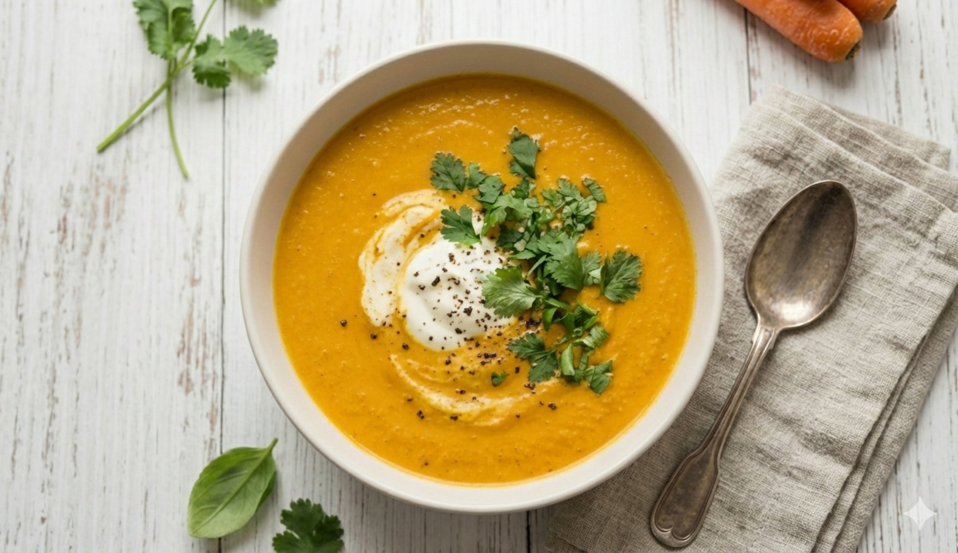 Möhrensuppe mit Kokos und Curry in einer Schale, garniert mit Joghurt, Kräuttern und schwarzem Pfeffer