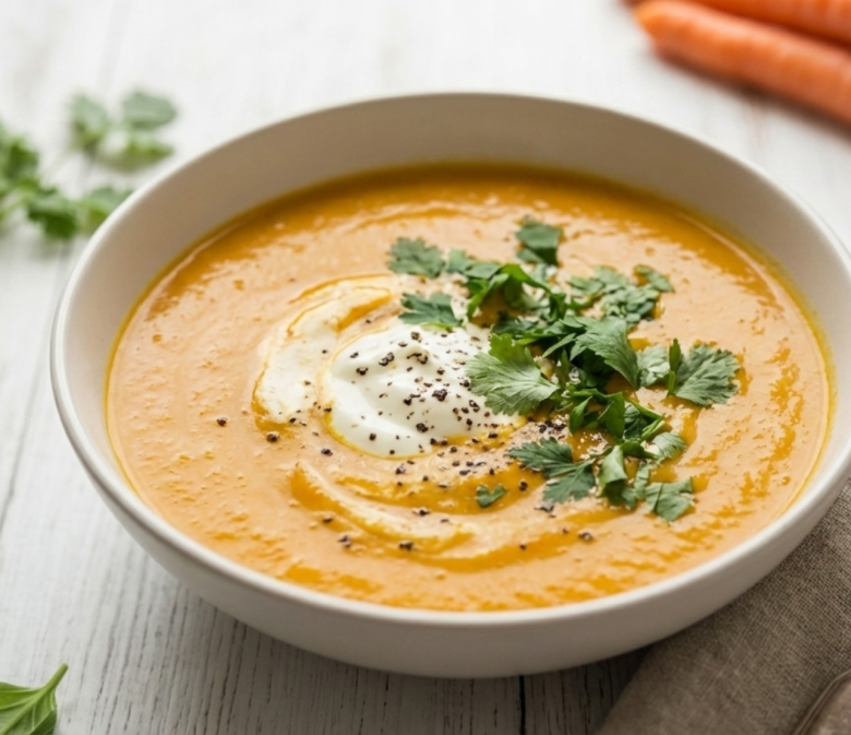 Cremige Möhrensuppe mit Kokosmilch und Curry, garniert mit Crème fraîche und frischen Kräutern in einer Schale