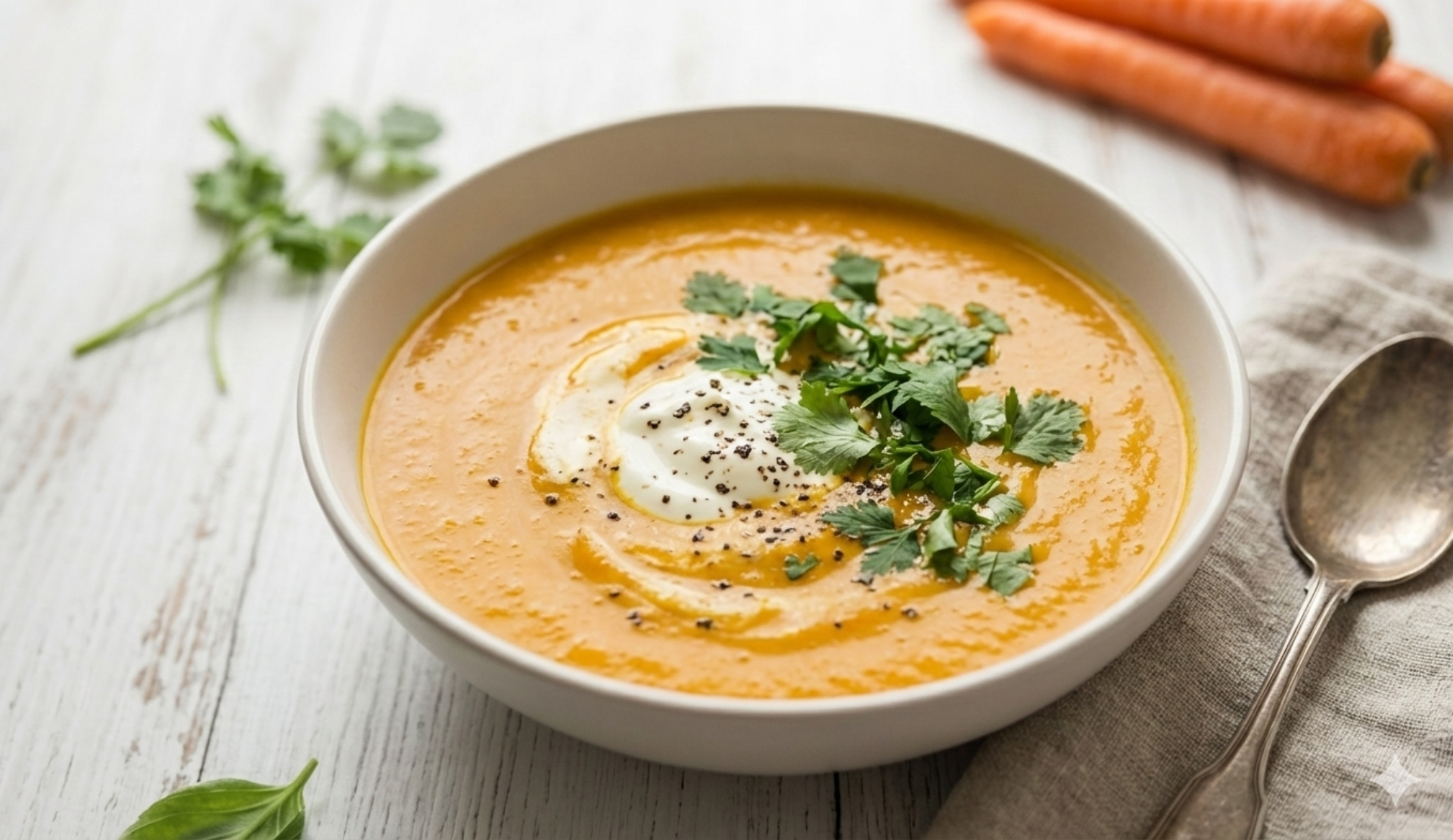 Cremige Möhrensuppe mit Kokosmilch und Curry, garniert mit Crème fraîche und frischen Kräutern in einer Schale