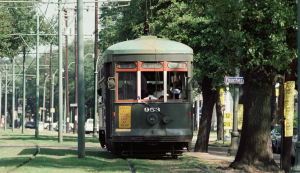 Grüne St. Charles Streetcar fährt durch den Garden District in New Orleans