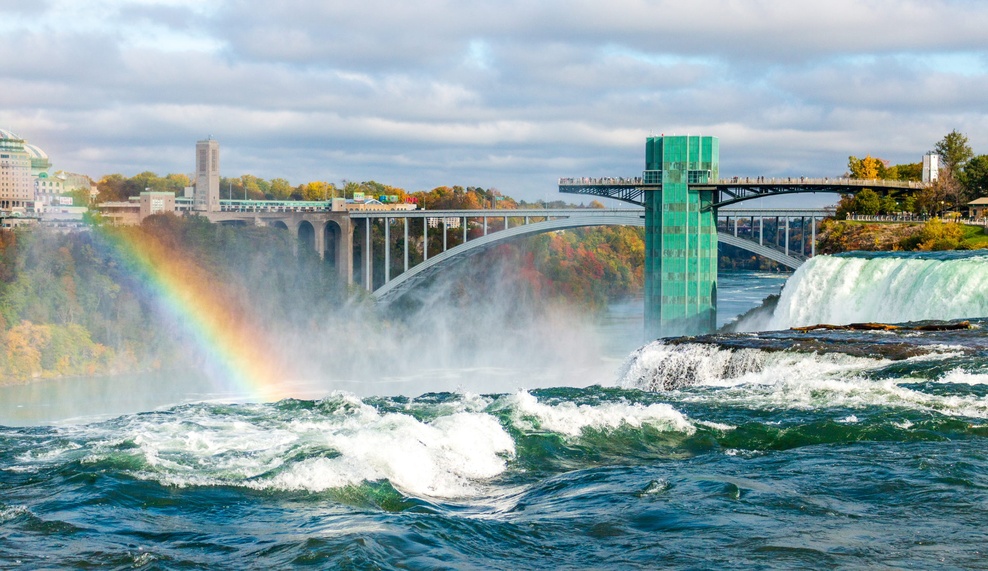 Blick auf die Rainbow Bridge bei den Niagarafällen mit Regenbogen und Wasserfall
