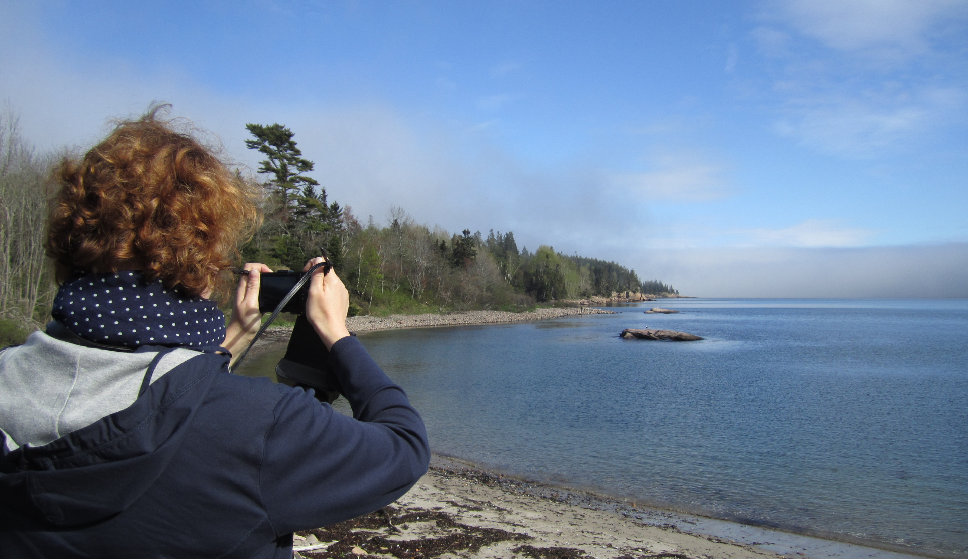 Person fotografiert die felsige Küste im Acadia National Park mit Blick auf das ruhige Meer