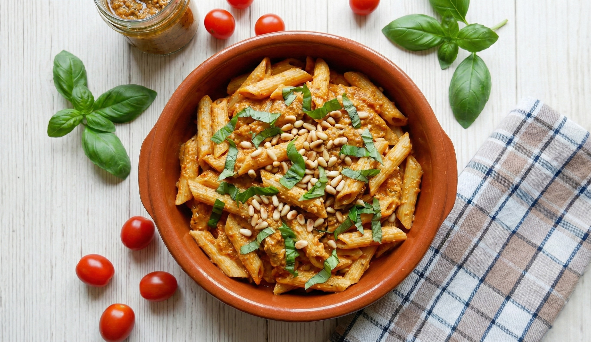 Penne mit Pesto Rosso in Terrakotta-Schüssel von oben, garniert mit Basilikum und Pinienkernen, umgeben von Kirschtomaten und Pesto-Glas