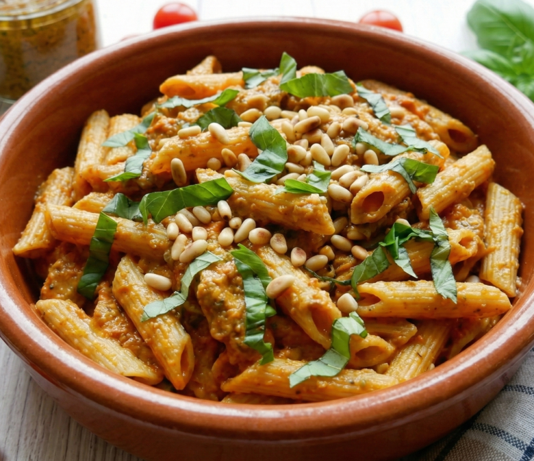 Nahaufnahme von Penne mit Pesto Rosso in Terrakotta-Schüssel, garniert mit Basilikum und Pinienkernen