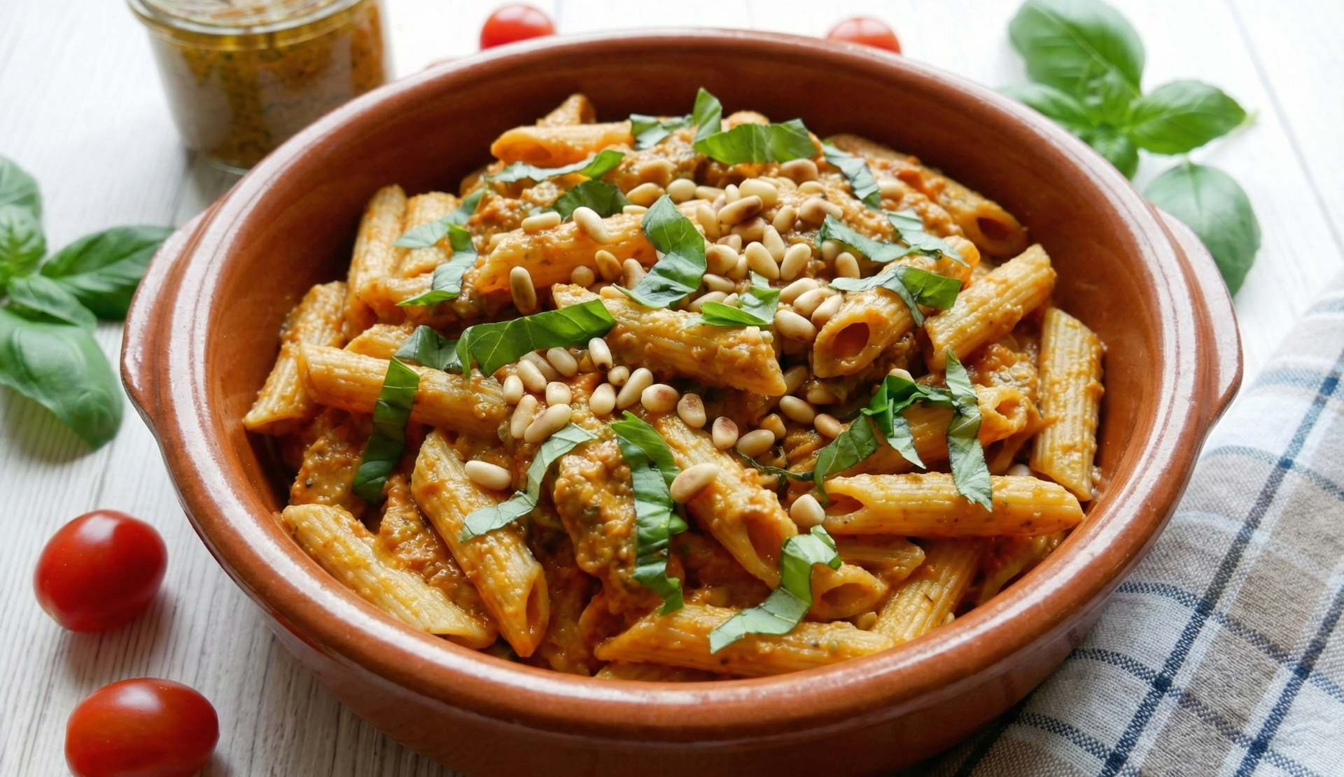 Nahaufnahme von Penne mit Pesto Rosso in Terrakotta-Schüssel, garniert mit Basilikum und Pinienkernen