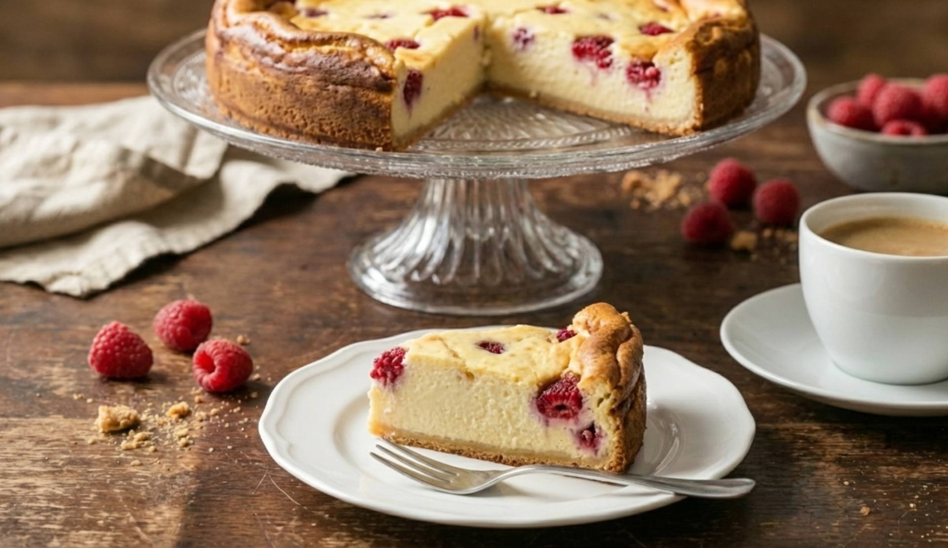 Ein Stück Rahmkuchen mit Himbeeren auf einem Teller mit Gabel, im Hintergrund der angeschnittene Kuchen auf einer Glasplatte und eine Tasse Kaffee