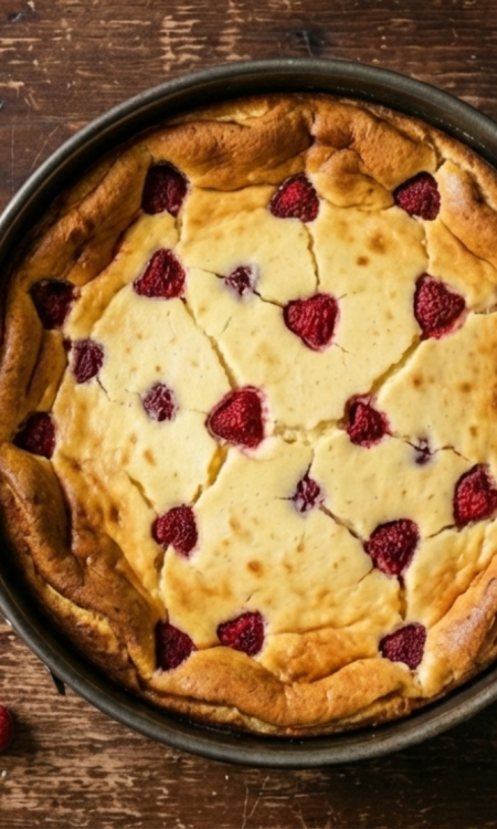 Rahmkuchen mit Himbeeren in einer Springform auf einem rustikalen Holztisch, daneben frische Himbeeren in einer Schale