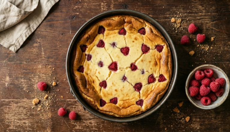 Rahmkuchen mit Himbeeren in einer Springform auf einem rustikalen Holztisch, daneben frische Himbeeren in einer Schale