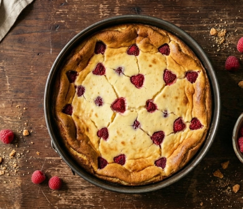 Rahmkuchen mit Himbeeren in einer Springform auf einem rustikalen Holztisch, daneben frische Himbeeren in einer Schale